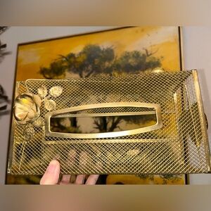 Vintage Ornate Gold Toned Metal Mesh Tissue Box Footed with Metal Rose Flowers